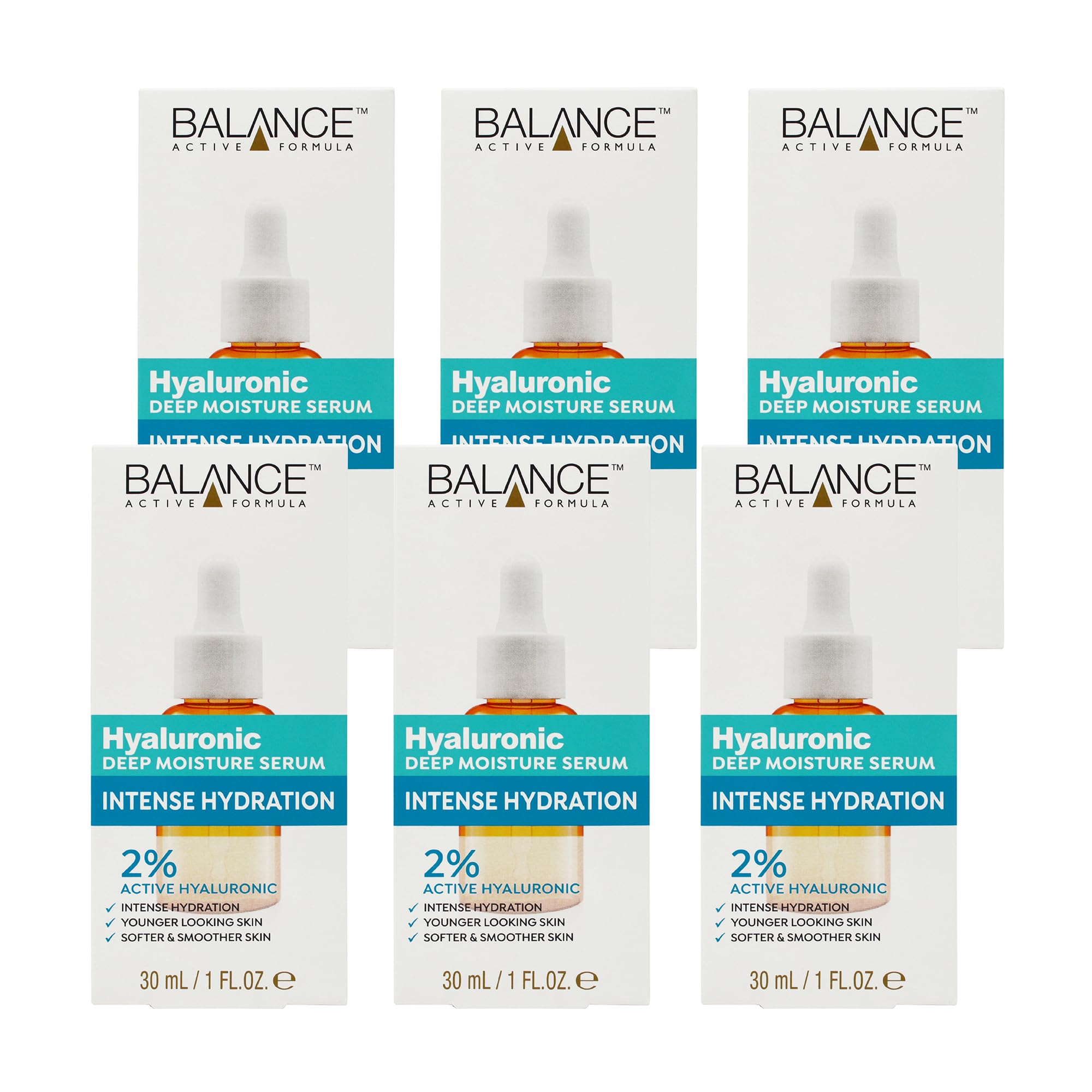 Balance Active Formula 6 x 30ml 2% Hyaluronic Acid Deep Moisture Serum, Provides Intense Hydration, Encourages Visibly Younger Looking Skin, Non-Greasy, Dermatologically Tested, Vegan & Cruelty Free