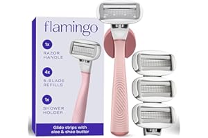 Flamingo Shaving Razor Set for Women - Original Razor Handle, 4 Blade Refills, and Shower Holder - Rose