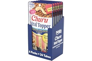 INABA Churu Meal Topper for Cats, Complete & Balanced, Creamy, Lickable Purée Cat Food Topper, 0.5 Ounce Tube, 24 Tubes (4 per Pack), Chicken Recipe