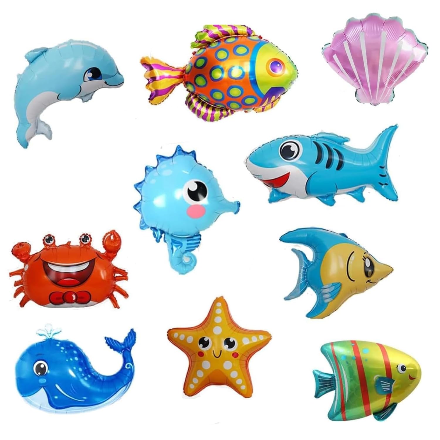 Finypa 14 Pieces Large Sea Animal Balloons: Octopus, Shark, Fish - Multicolored, Under the Sea, Ocean, Underwater Animals - Kid's Birthday Party, Learning, Indoor, Plastic, No Batteries Required