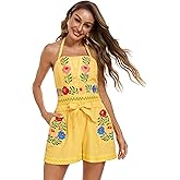 Rompers for Women Summer Boho Embroidered Floral Sleeveless Halter Flowy Casual Tank Top Short Jumpsuit