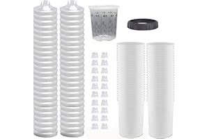 ANSIKE Disposable Paint Spray Gun Cup Liners and Lid System 50 Liners 50 Lids 20 Plugs 1 Hard Cup with Retainer Ring Paint Sprayer Mixing Cup (125 Mic) 13.5 Ounce (400ml)