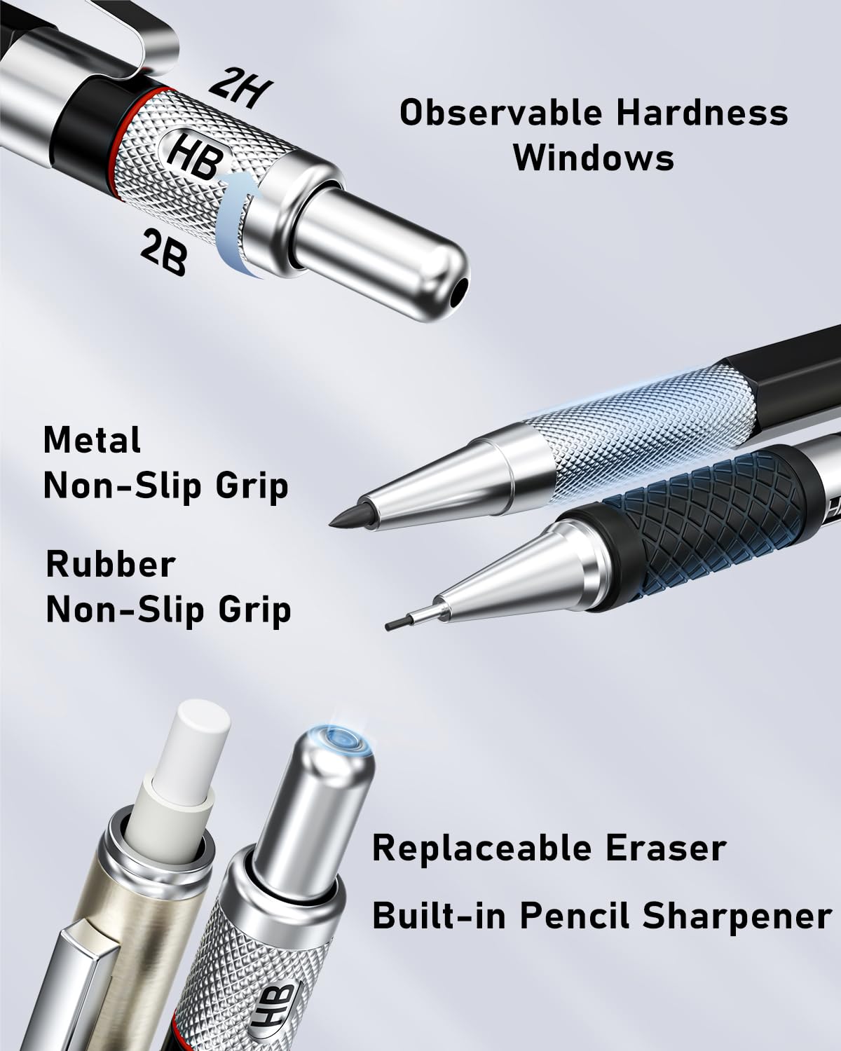 Four Candies 25-teiliges Kunst Druckbleistift-Set mit Etui, Metall-Druckbleistifte 0,5, 0,7, 0,9 mm 2 mm Kupplungsstift (HB 2H 2B 4B Farbe) mit 432 Stück Graphit Minen-Nachfüllungen für Zeichnen 8