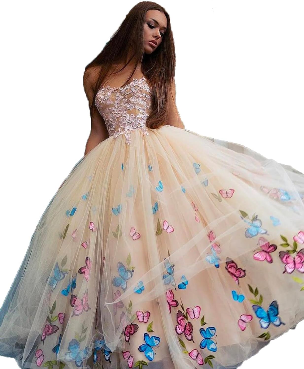Strapless Aline Prom Evening Dresses with Butterfly Appliques