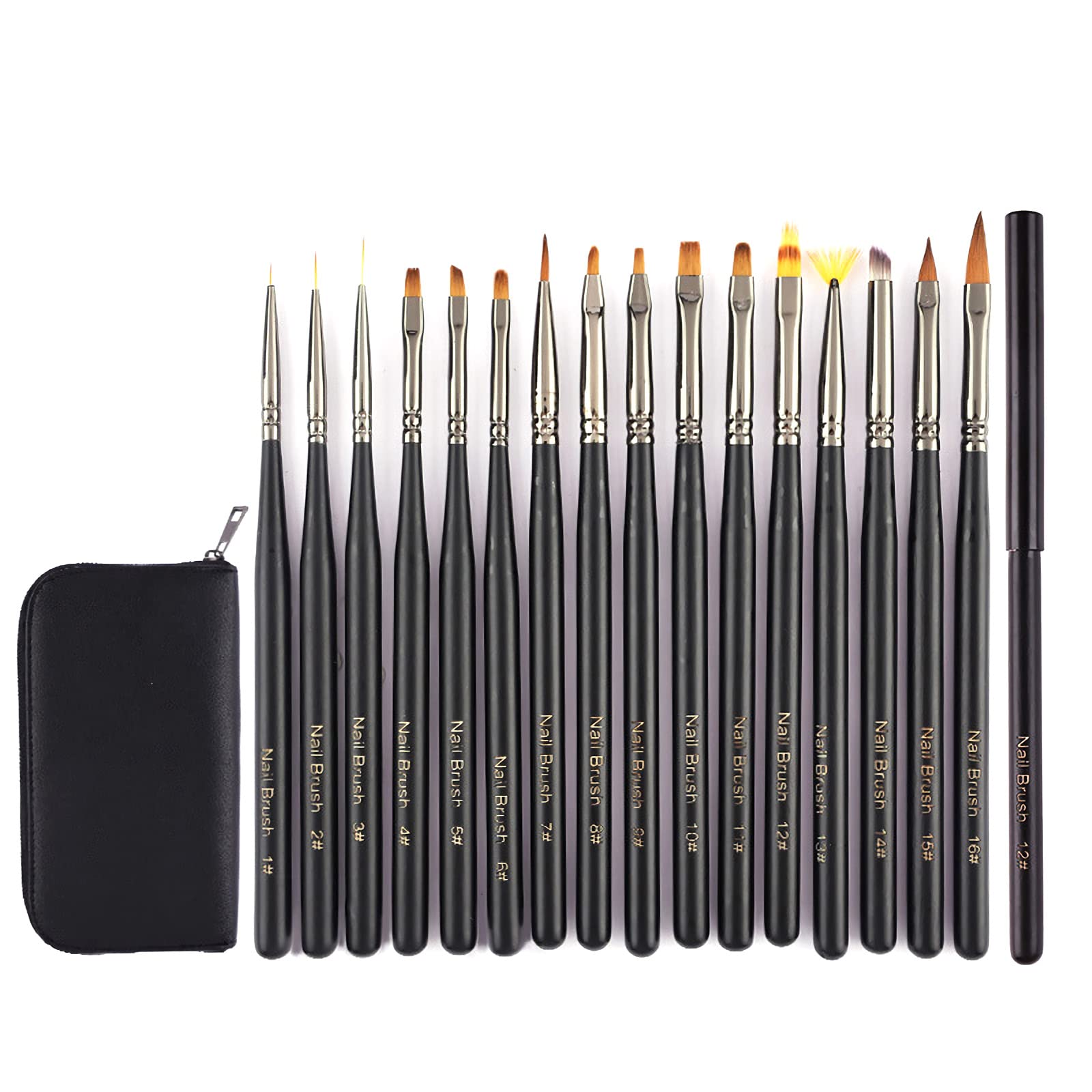 16PCS Nail Art Brushes Professional Set with Lid and Portable Case, Liner/Flat/Round/Fan/Acrylic/Oblique/UV Gel Painting Pens Kit Fine Acrylic Design Thin Liner Brush for Nail DIY Home Salon