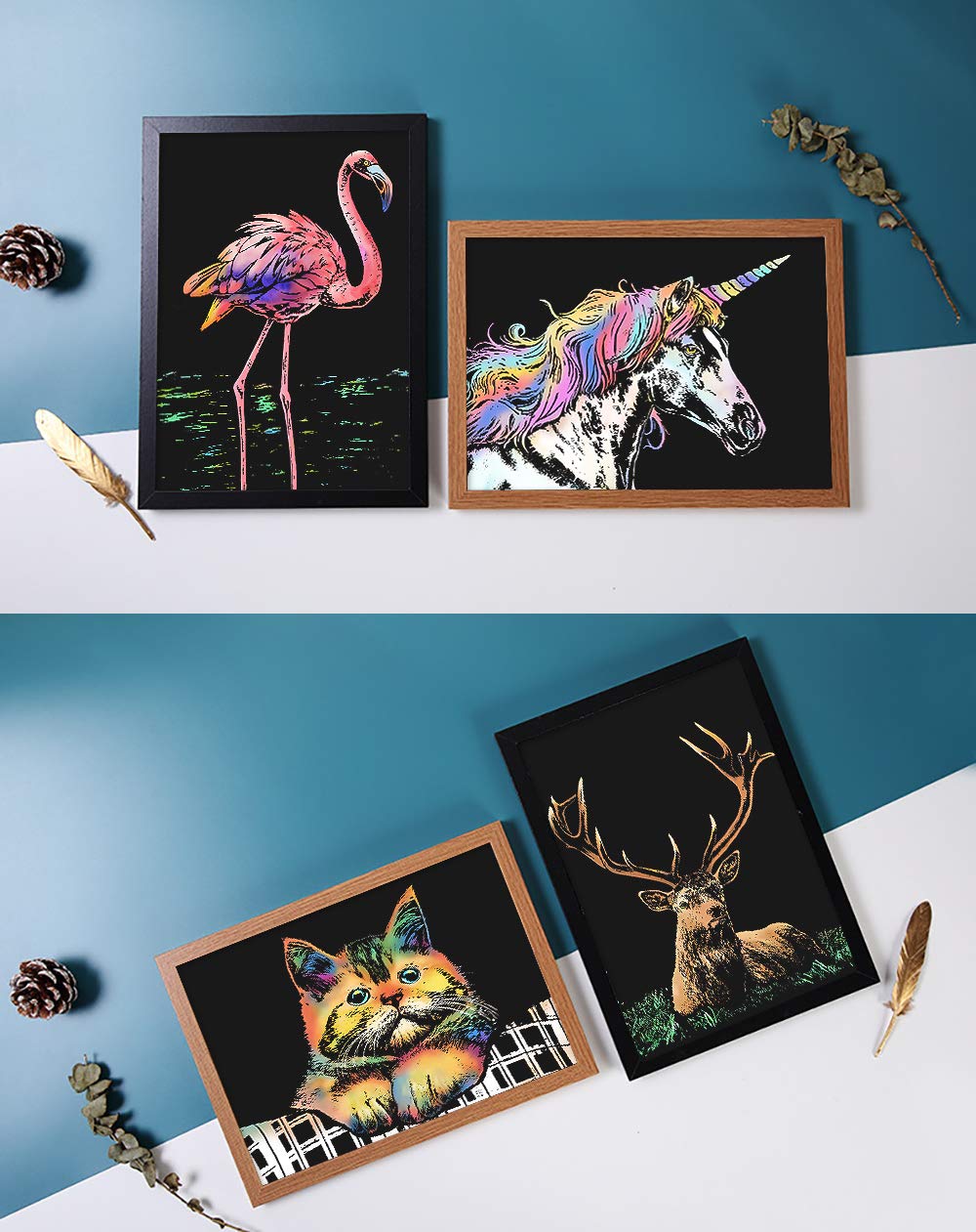 Scratch Art for Kids & Adults, Rainbow Painting Night View Scratchboard(A4), Crafts Set: 8 Sheets Scratch Cards with 6 tools in Bag - Unicorn/Flamingo/Cat/Deer/Lion/Tiger/Leopard/Wolf (Animal Series)