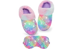 YSEOUL Girls Plush Sequin Slippers With Sleep Mask, Cute Faux Fur Slip-on Shoes Memory Foam House Shoes for Girls Bedroom Slippers