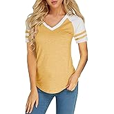 Foshow Womens Baseball Raglan Color Block T-Shirts Summer Short Sleeve V Neck Tees Jersey Casual Blouses Tops