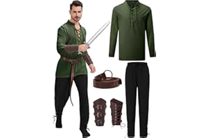 HLCOF 5 Pcs Men's Renaissance Costume Viking Costume Medieval Pirate Vintage Shirt Ankle Banded Pants Accessories Set