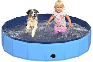 CACSPS 48" x 12" Foldable Dog Pool - Collapsible Hard Plastic Kiddie Pool for Dogs & Kids, Non-Slip Pet Bath Tub for Outdoor Backyard Use, Lightweight & Portable (Blue)