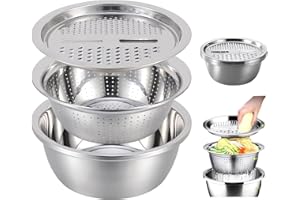 COFSHC Germany Multifunctional Stainless Steel Basin - 2024 New Colander Strainer Set, Salad Spinner Fruit Vegetable Rice Washing Strainer Basket Bowl, Rice Rinser Food Graters with Container (DI-9.45in)