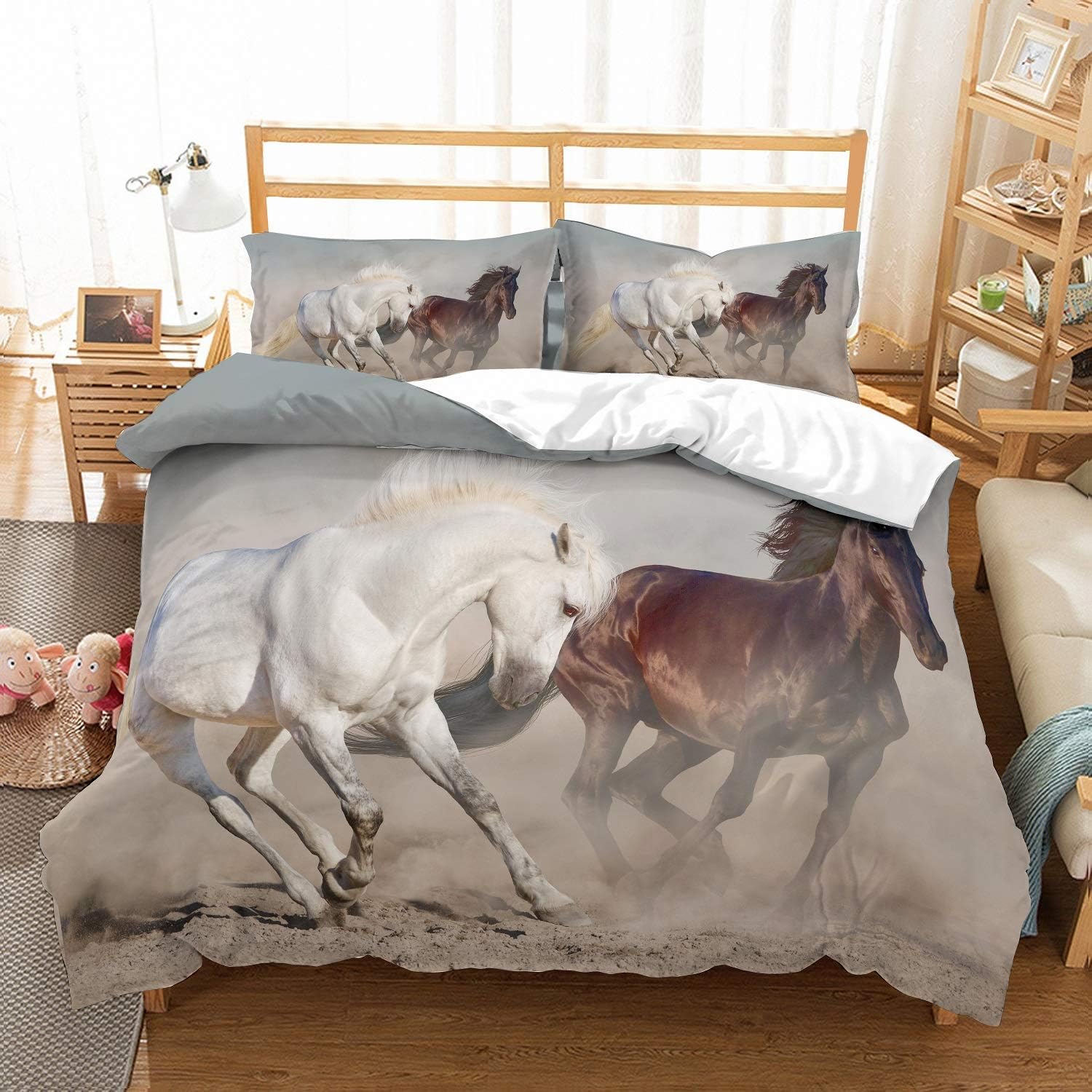 Soefipok Horse Running Bed Quilt Cover Set,3D Digital Printed White and Brown Horse Lovers
