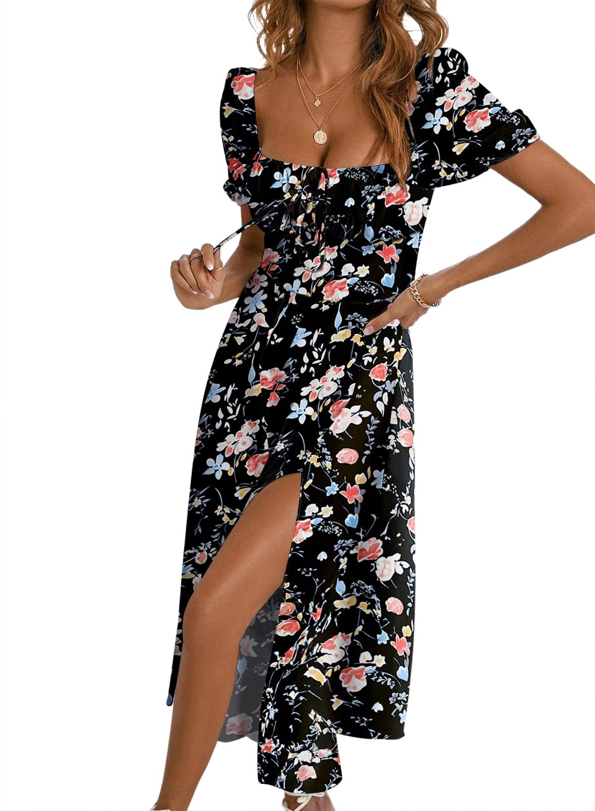 Photo 1 of BLENCOT Casual Womens Summer Short Sleeve Square Neck Split Thigh Dress Boho Floral Print Tie Front Ruched Midi Dresses P10220 Black Medium Size
