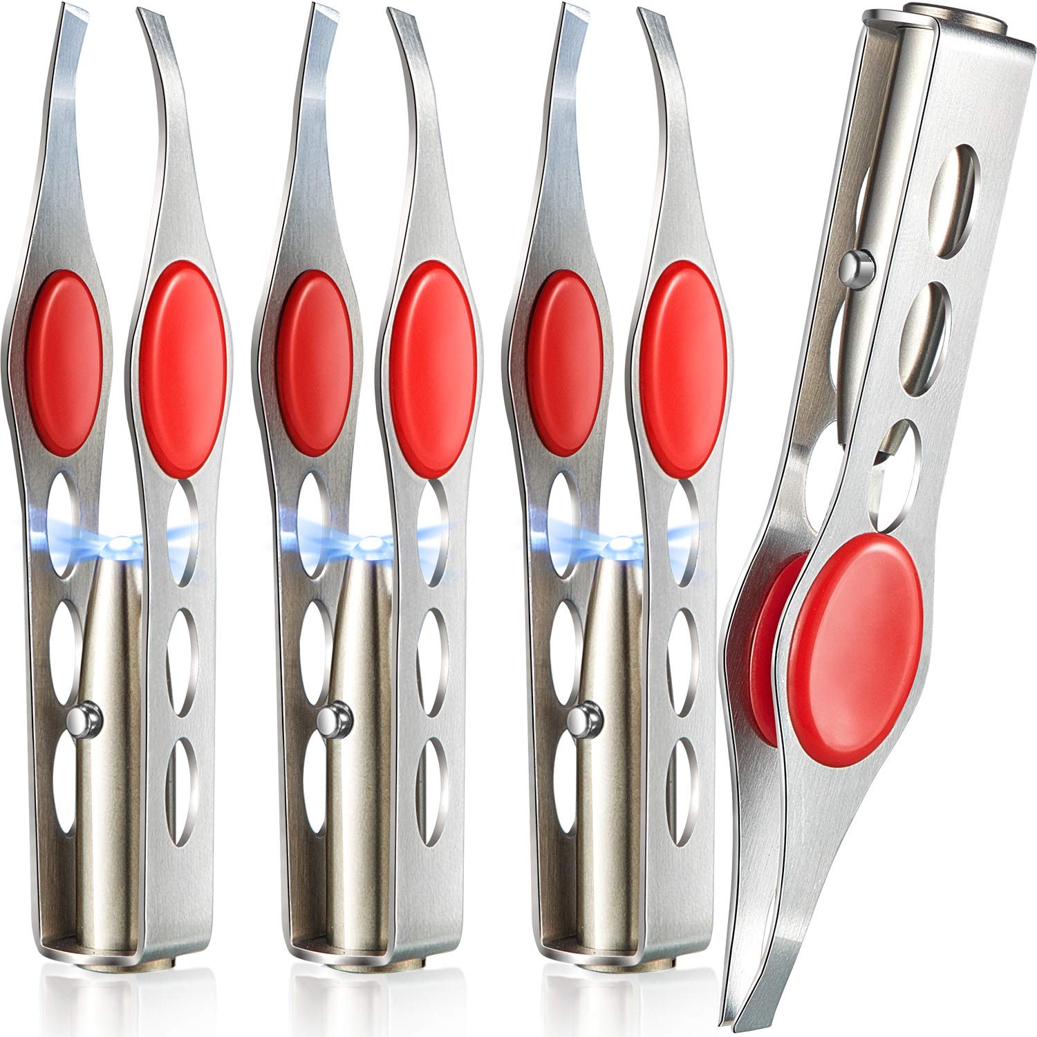 4-Piece Stainless Steel Eyebrow Tweezers with Slanted Tip & LED Light for Women & Men