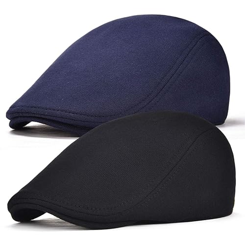 FEINION Pack Men Cotton Newsboy Cap Soft Fit Cabbie Hat (Black