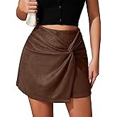 FEOYA Women Faux Suede Twist Knot Mini Skirt Shorts Zipper Western Asymmetrical Skorts 2025