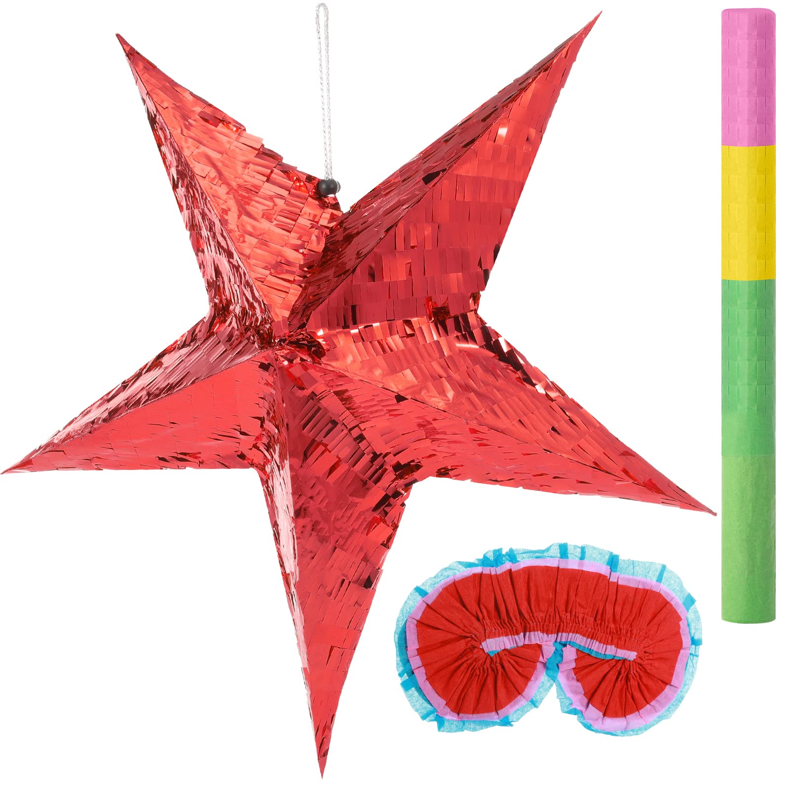 Photo 1 of 3 Pcs Foil Star Piñata with a Blindfold and Bat for Kids Red Foldable Small Festive Star Piñata for Toddlers Birthday Girl Boys Adults Anniversary Baby Shower