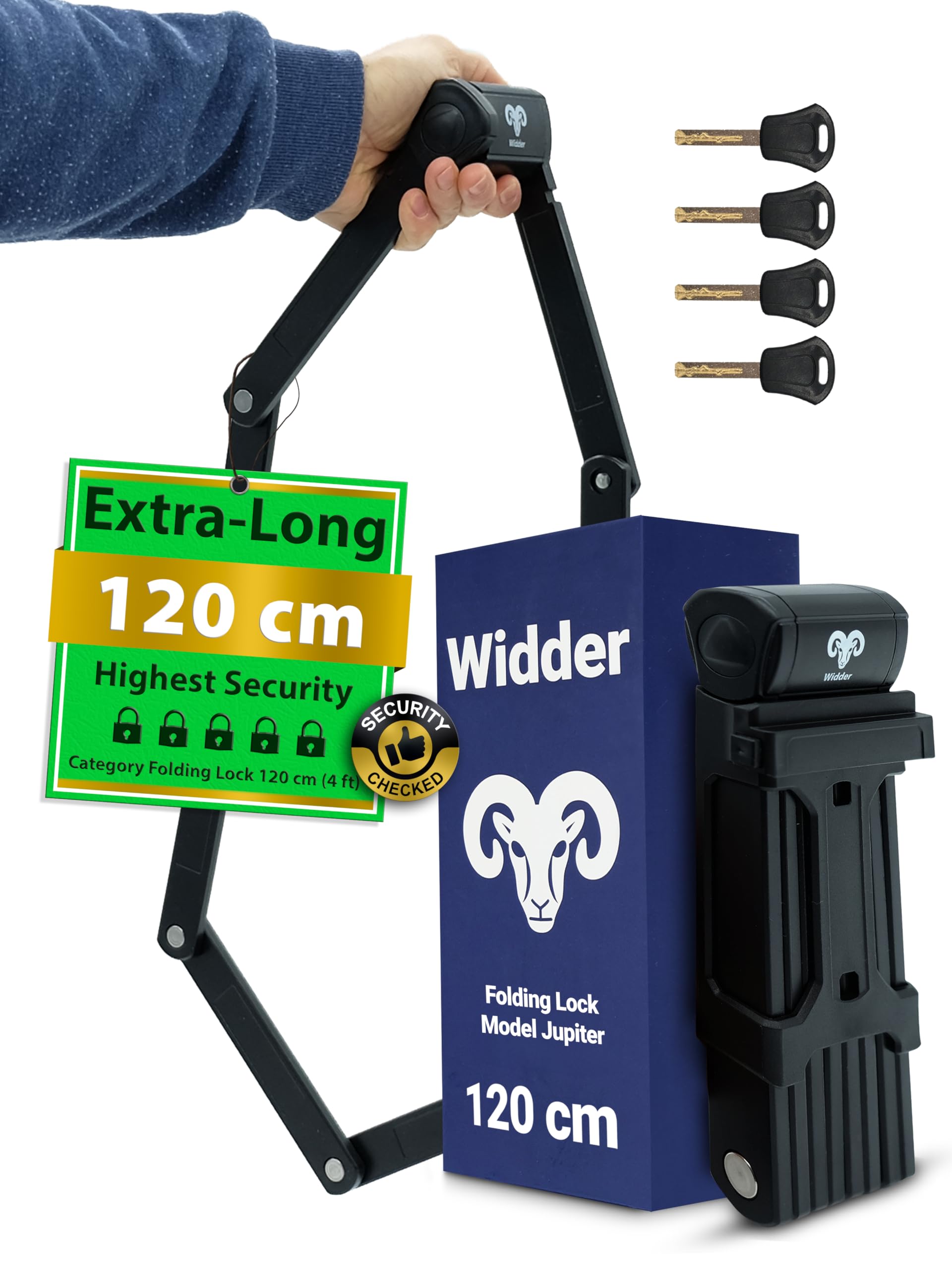 WIDDER Very Long [120cm] Security Folding Lock - 47" Foldable Bicycle Lock with 4 Keys | with Frame Mount Bracket, no rattling | for ebike e Scooter & Bicycle with Key
