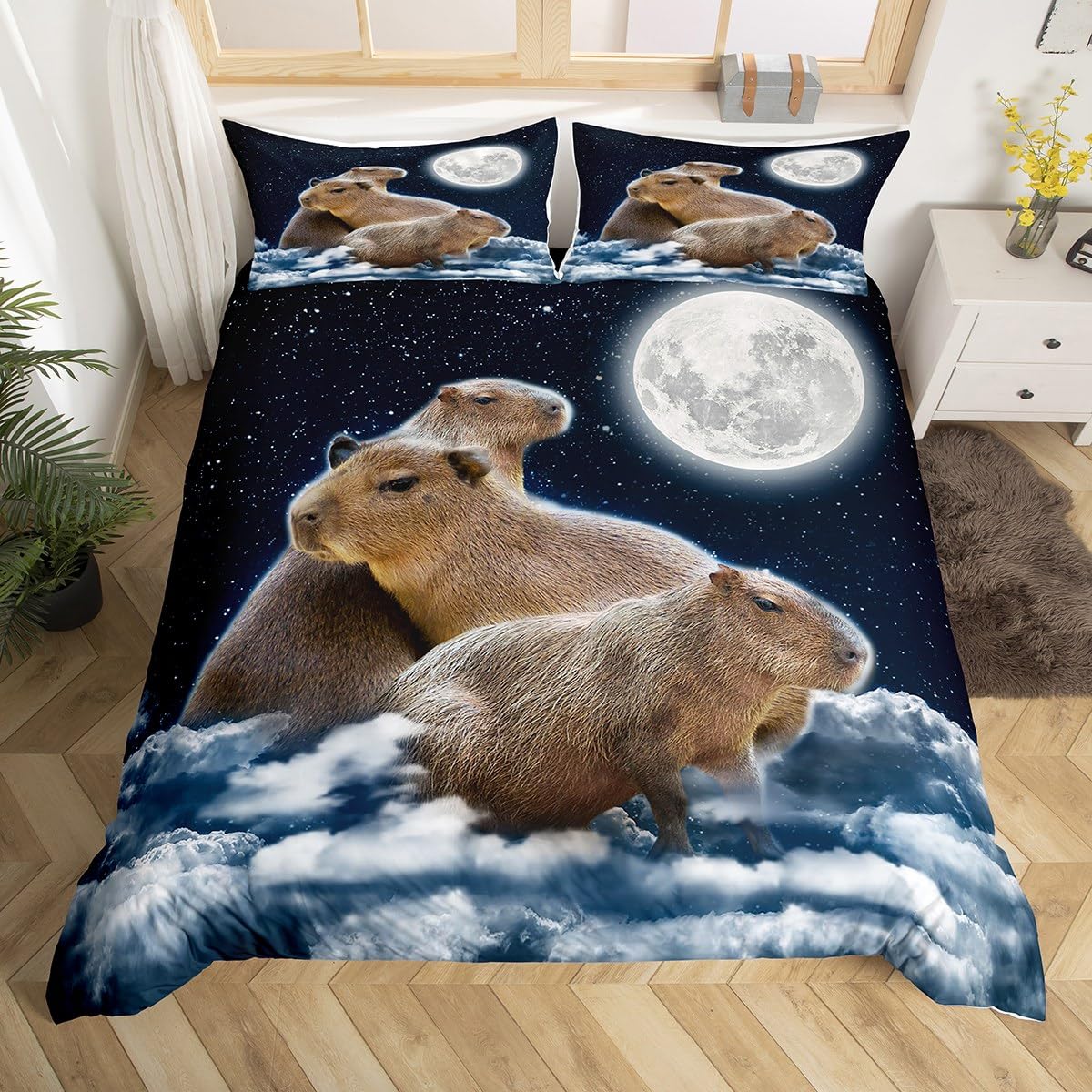 Kids Capybaras Duvet Cover Double Cartoon 3D Animal Bedding Set Funny Rodent Animal for Teens Girls Boys, Galaxy Starry Moon Bed Cover for Capybara Lovers Home Decor โ image 1