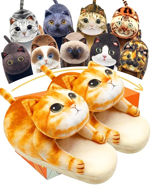 Openhahaha Funny Cat Slippers Women, Memory Foam House Slippers With Non-Slip Sole, Fluffy Women'S Slippers Indoor,Warm Comfy Ladies Slippers Winter,Gifts for Cat Lovers (Orange)