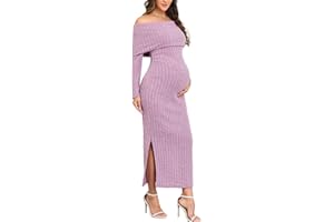 CYCLAMEN Off-Shoulder Maternity Sweater Dress Rib Knit Long Sleeve Dresses with Side Slit Pregnancy Clothes Baby Shower