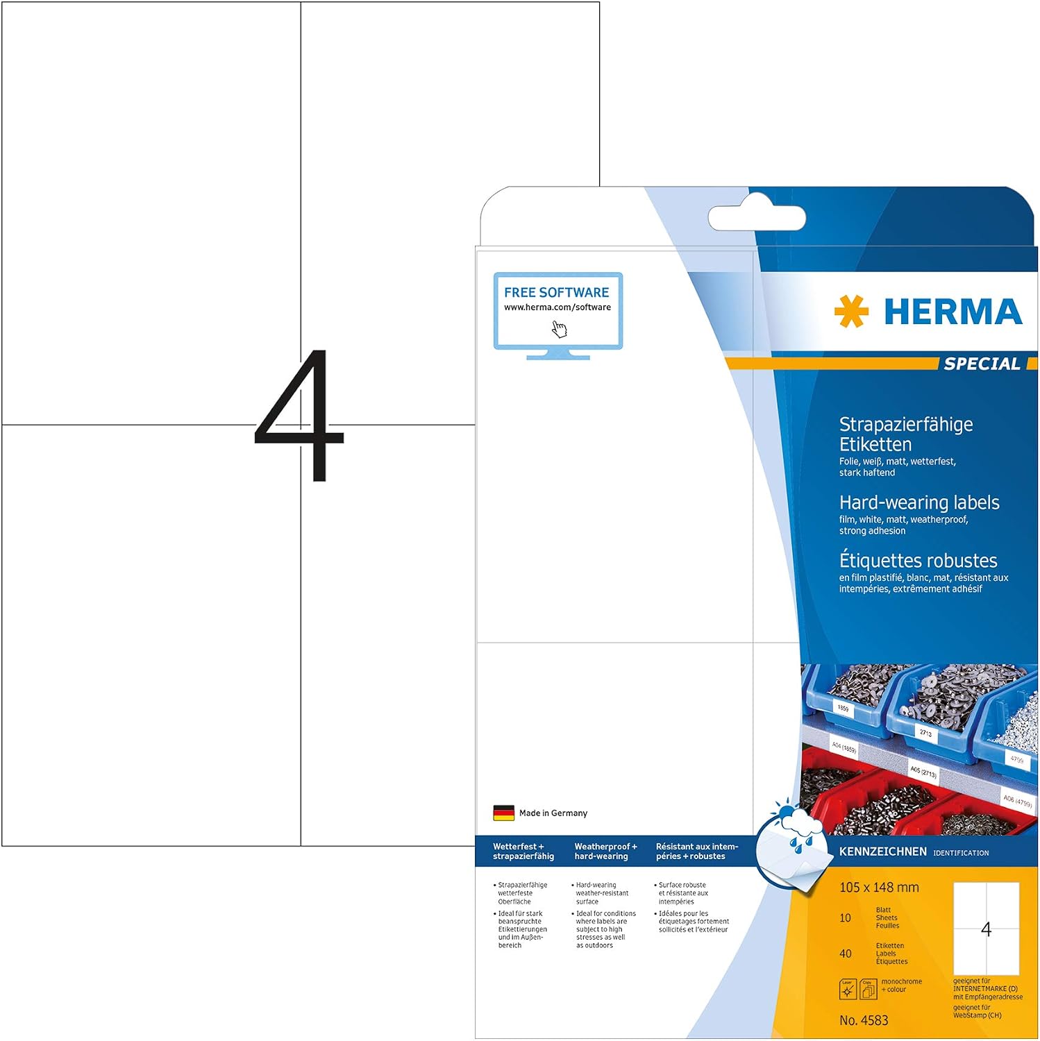 HERMA Self Adhesive Film Labels, 4 Labels per A4 Sheet, 10 Sheets, 105 x 148 mm, 40 Labels