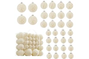 CRISTBEST Velvet Christmas Ball Ornaments - 46pcs Flocked Christmas Tree Decorations Set Assorted Shatterproof Hanging Ornaments with Loop for Xmas Holiday Home Decor, 3 Sizes (Cream White)