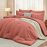 MUXHOMO 7 Pieces Queen Comforter Set, Soft Bed in a Bag Queen Size, All Season Bedding Set with Comforter, Flat Sheet, Fitted Sheet, Pillowcases & Shams, Coral Red