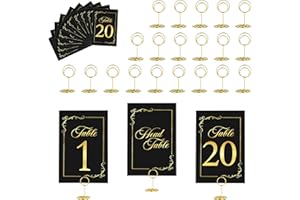 JOYIT 21 Sets Wedding Table Number 1-20 and Head Table Card with 21 Pcs Table Number Holders, Black Gold Table Number Cards w
