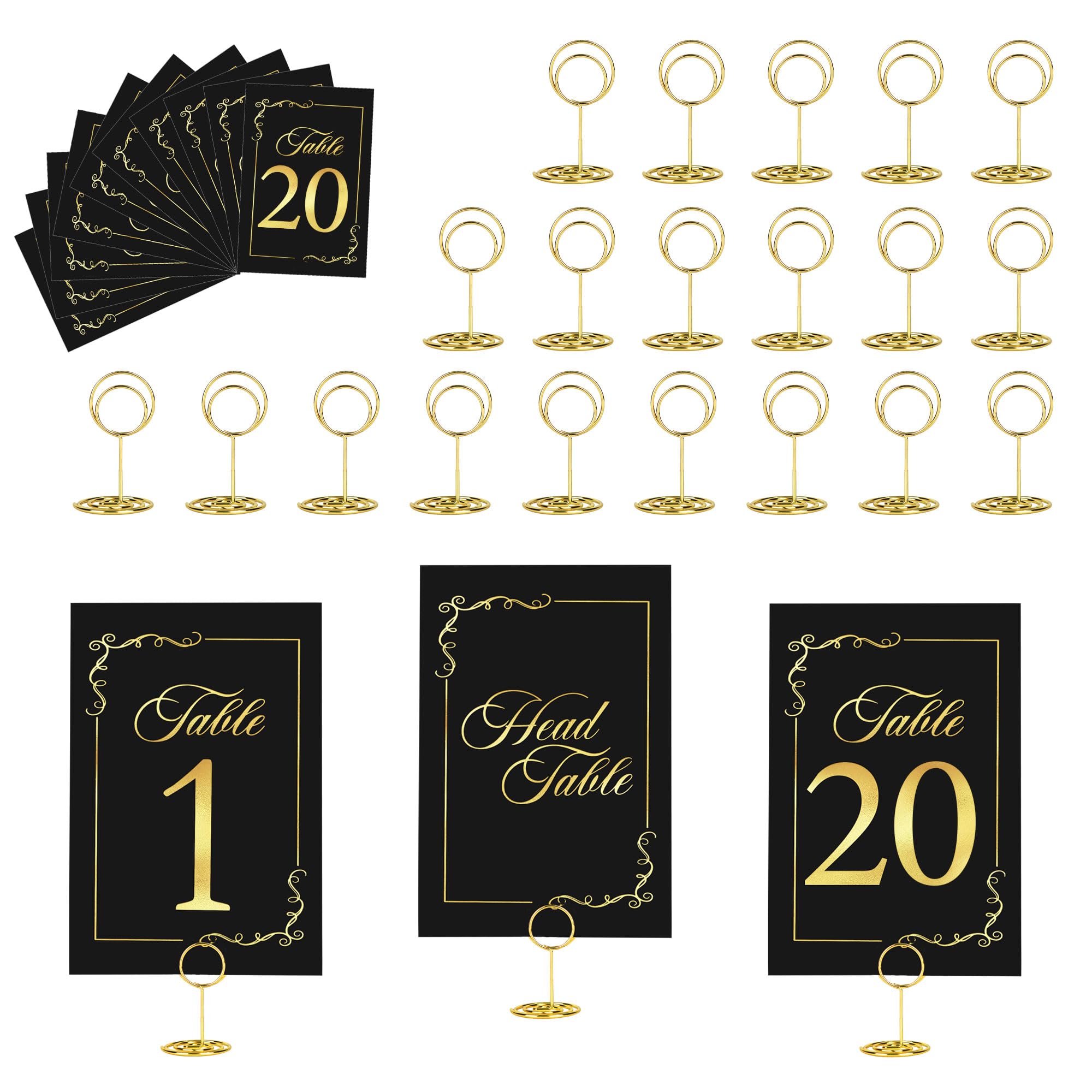 Photo 1 of JOYIT 21 Sets Wedding Table Number 1-20 and Head Table Card with 21 Pcs Table Number Holders, Black Gold Table Number Cards with Place Card Holders, 4" X 6" Table Numbers Card for Wedding Reception