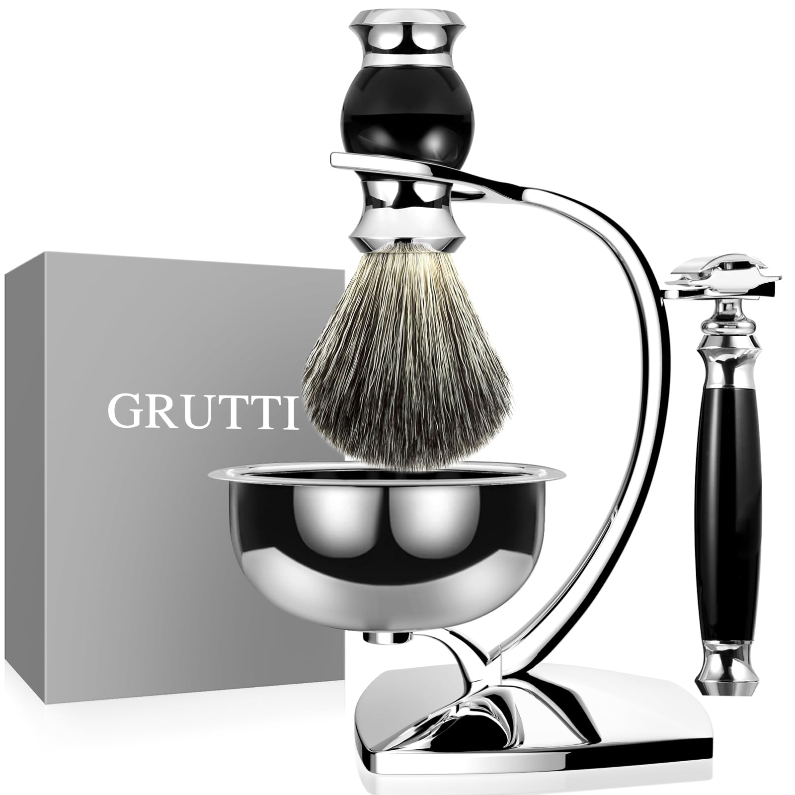 GRUTTI Shaving Set, Deluxe Chrome Razor and Brush Stand with Soap Bowl and Badger Hair Shaving Brush and Safety Razor (Double Edge)