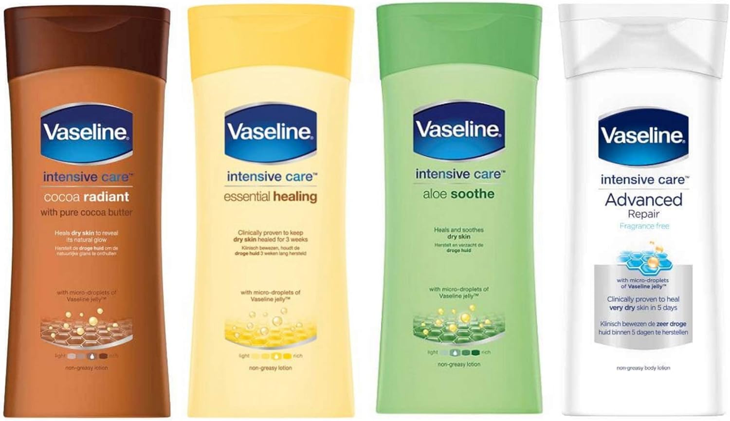 Vaseline Intensive Care Set, 4 x 200ml Non Greasy Body Lotion Bundle. Cocoa Radiant, Essential Healing