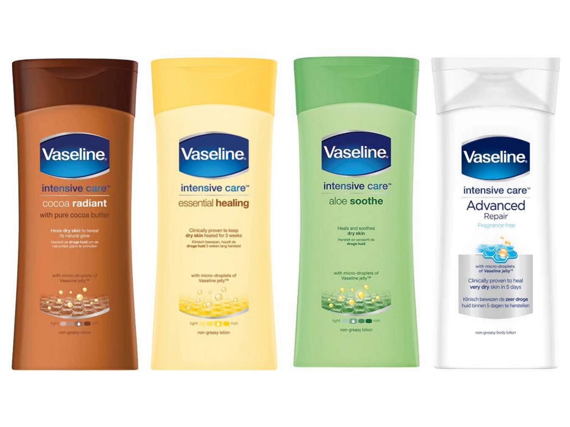 Vaseline Intensive Care Set - 4 x 200ml Non Greasy Body Lotion Bundle. Cocoa Radiant, Essential Healing, Aloe Soothe and Advanced Repair. Heals Dry Skin from the World's Best Hand & Body Care Brand