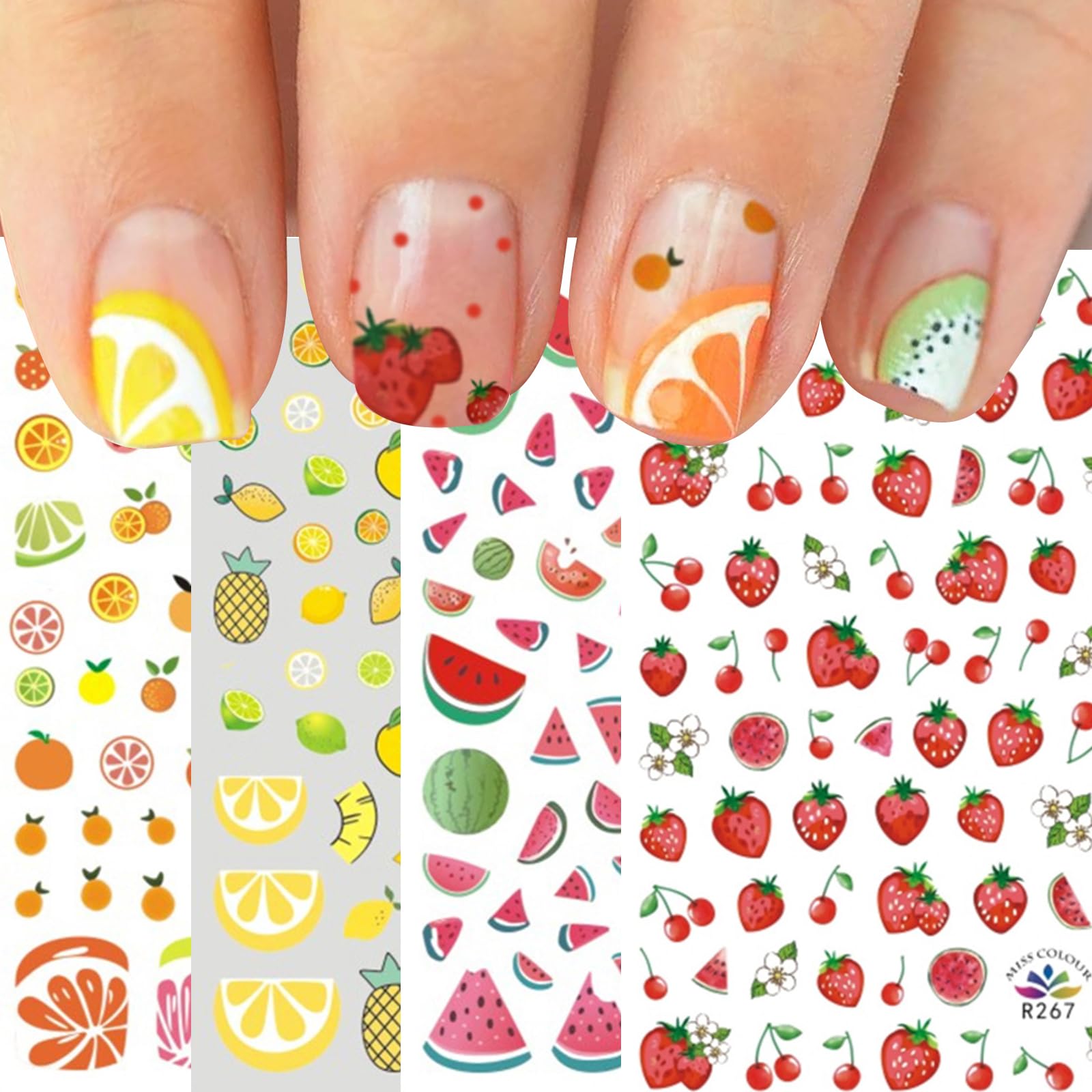 Photo 1 of 10 Sheets Strawberry Nail Art Stickers Decals Self-Adhesive Cute Fruits Strawberry Watermelon Avocado Cherry Nail Decoration Accessories for Little Girls Kids