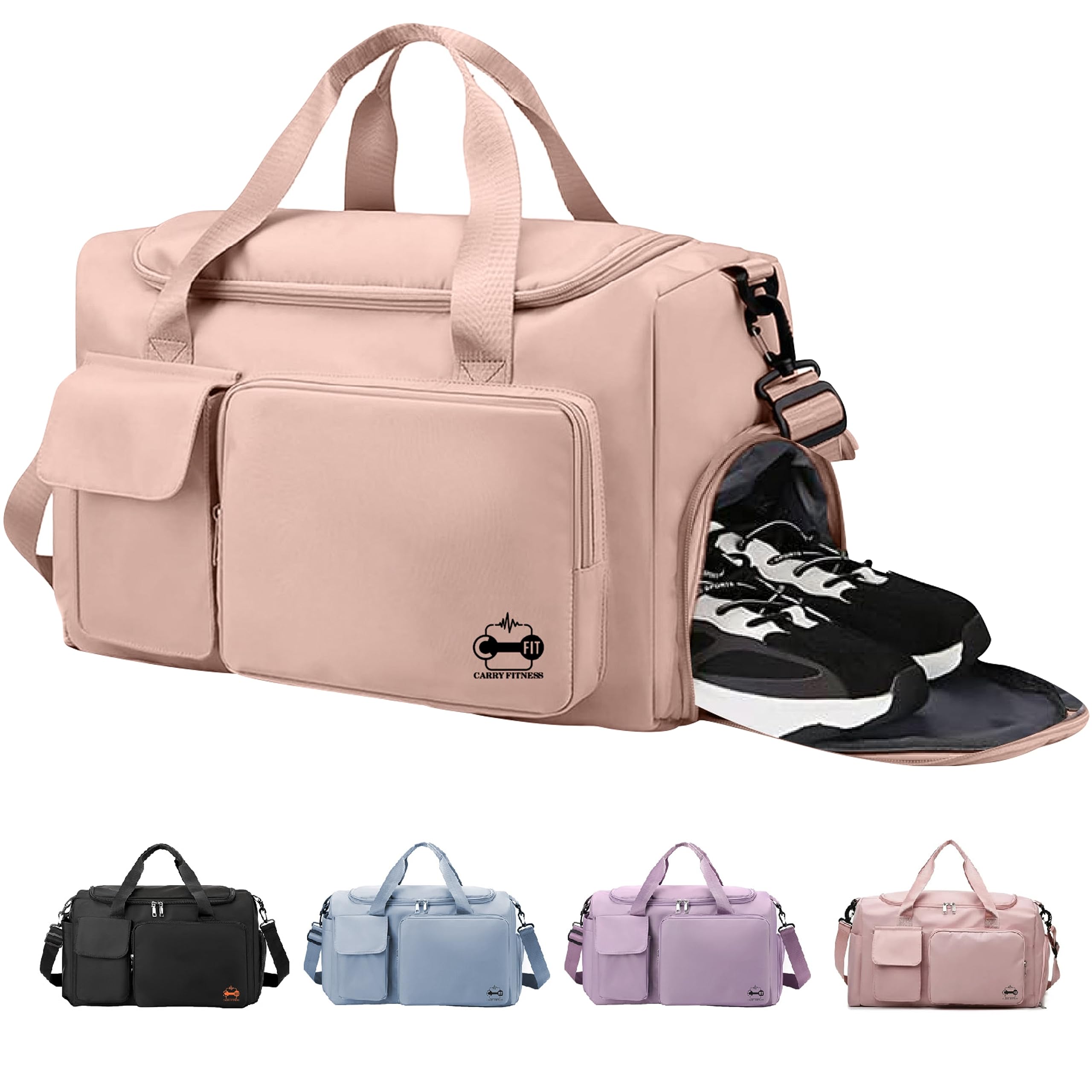 CarryFitness® Sports Gym Bag Duffle Bag with Shoes Compartment, Waterproof Weekend Bags for Women and Men, Hand Luggage Bag, Lightweight Holdall Hospital Overnight Bag - Pink 37L