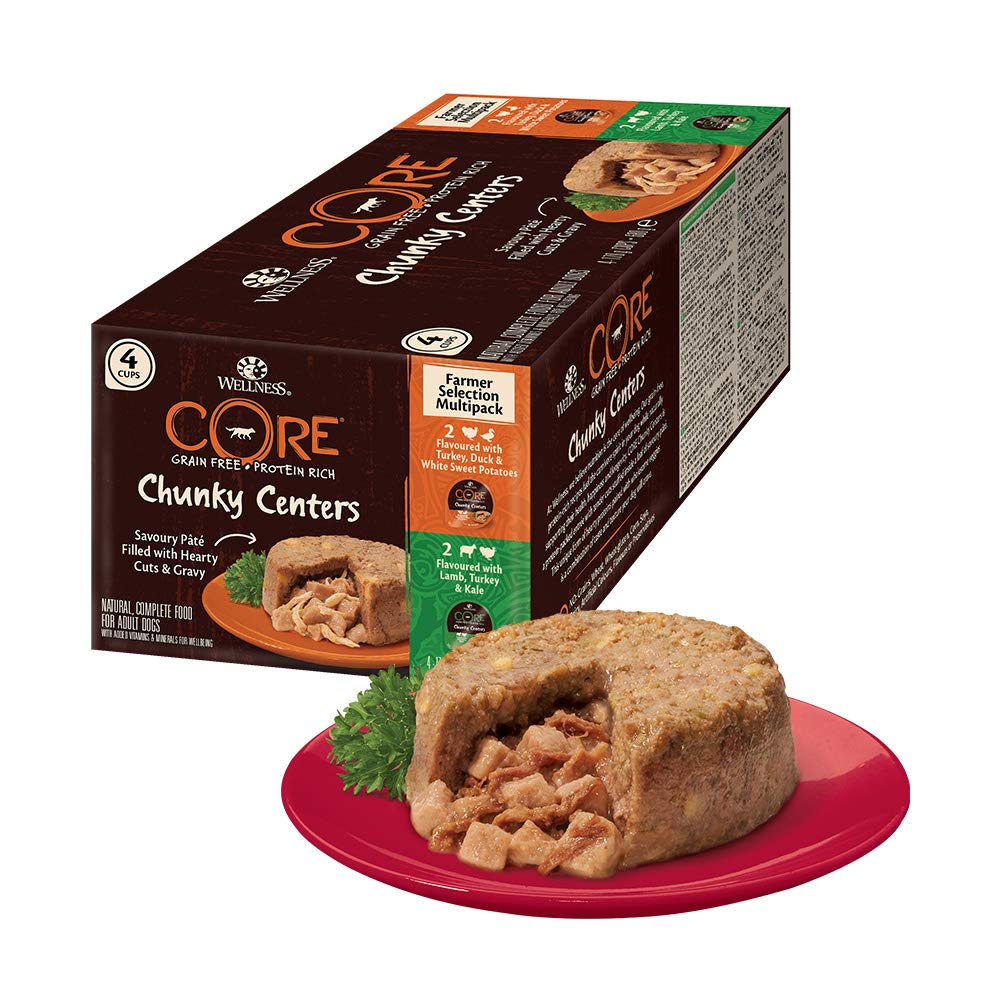 Wellness CORE Chunky Centers Dog Food Wet Grain Free, Farmer Selection Multipack - 4 x 170 g Trays