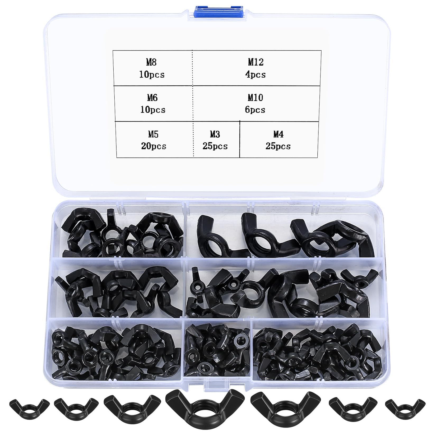100 Pcs Wing Nuts Assortment Kit, carbon steel Wingnuts, Butterfly Nuts Wing Nut Sets for DIY Tools, Electronic Devices Hardware, M3/M4/M5/M6/M8/M10/M12(100 black)