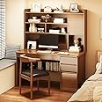 HM&DX Home Office Computer Desk with Hutch,Wood Writing Desk Study Desk with Drawers,Modern Furniture Wooden Desk with Open Storage Cubby,Study Table Computer Desk Makeup Workstation