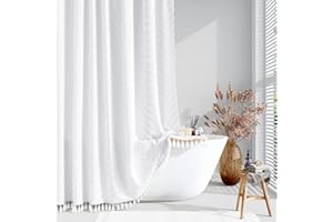 Dynamene Boho Farmhouse Shower Curtain, White Fabric Tufted Chevron Striped Textured Tassel Shower Curtains for Bathroom, Water Repellent, Minimalist Ruffled Cloth Shower Curtain Set with Hook, 72x72