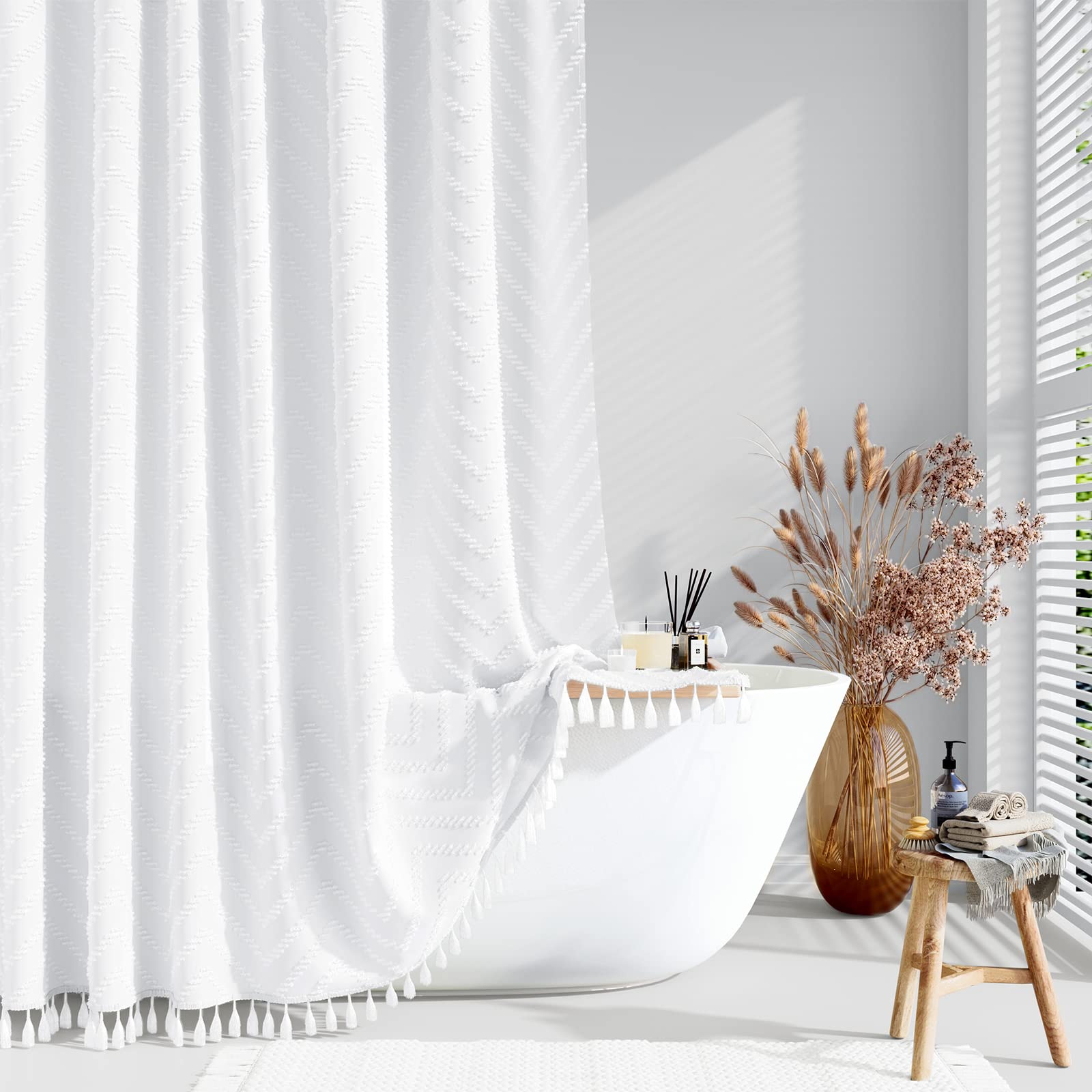 Photo 1 of ** USED** Dynamene Boho Farmhouse Shower Curtain, White Fabric Tufted Chevron Striped Textured Tassel Shower Curtains for Bathroom, Water Repellent, Minimalist Ruffled Cloth Shower Curtain Set with Hook, 72x72
