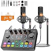 Podcast Equipment Bundle for 2, Audio Mixer with 8GB Memory Card and Dynamic Mics,RGB,Built-in Recorder, Customize Button, Stereo for Vocal Recording Podcasting,Streaming Camera, PC, Phone.(RS2i2)
