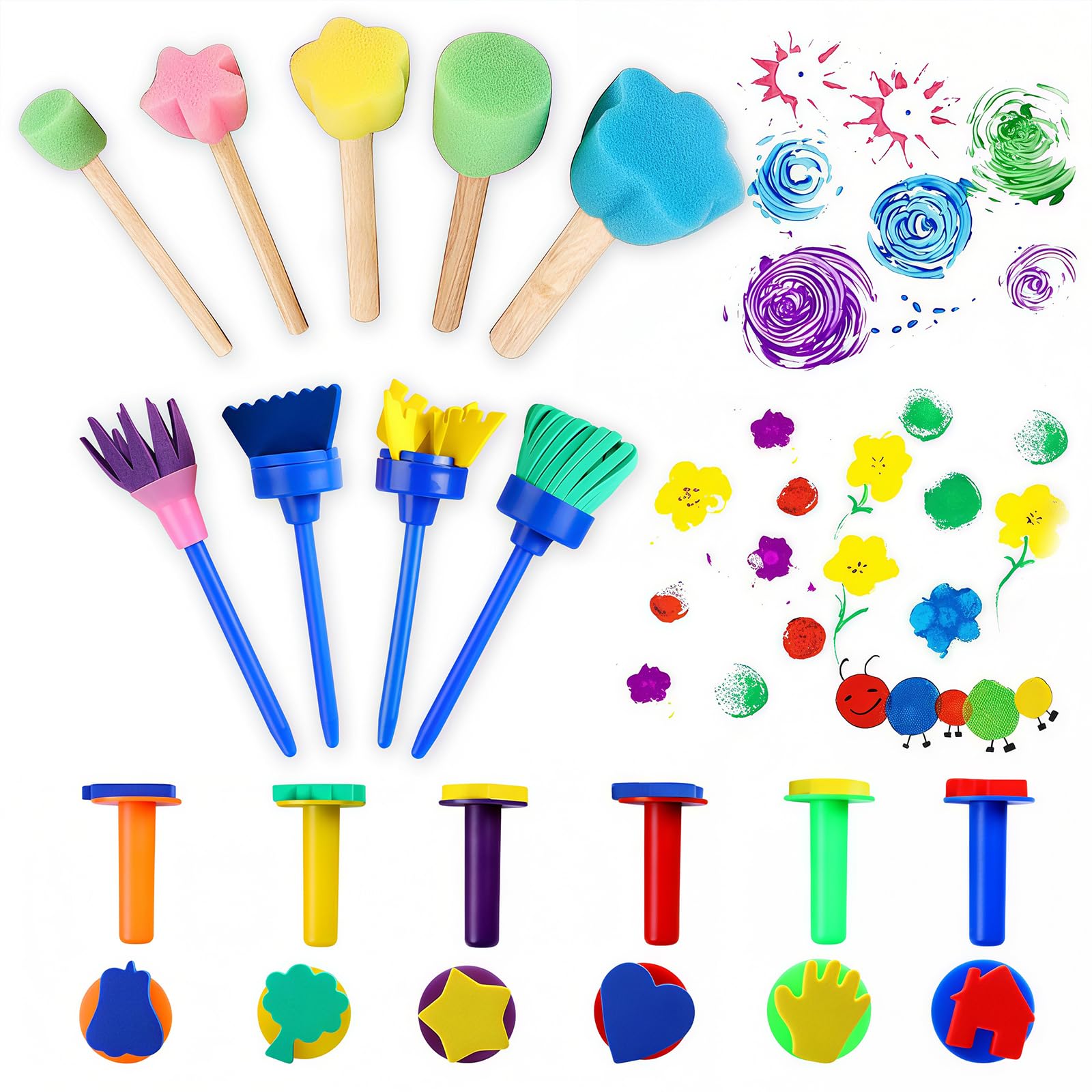 Sponge Paint Brushes Kits, 15 PCS Paint Sponges Set, of Fun Paint Brushes for Toddlers, Reusable Foam Brush Kids Sponge for Girls Boys DIY Hand Painting Tools