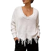 Women's Off Shoulder Sweater V Neck Pullover Distressed Hem Solid Knit Sweater Long Sleeve Crop Tops