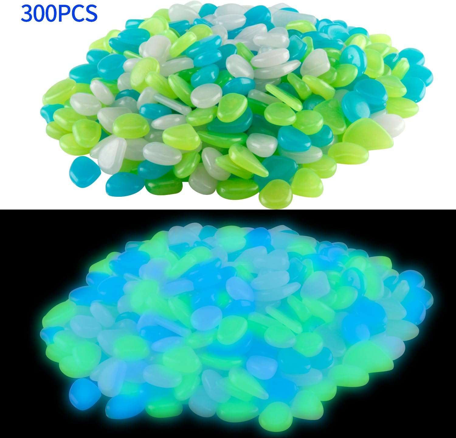 Phetron 300pcs Luminous Pebble Stone for Garden Pebbles Stone, Glow in the Dark Walkway Yard Decorative for Aquarium Gravel Fish Tank and Garden Driveway (Blue/White/Green)