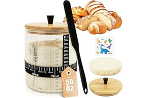 RAKOVAR 50oz Sourdough Starter Jar, Wide Mouth Sourdough Jar, Large Capacity Sourdough Bread Starter Kit with Lid, Band, Date Tracker, Temp, Sourdough Starter Kit for Sour Dough (1 Pack)