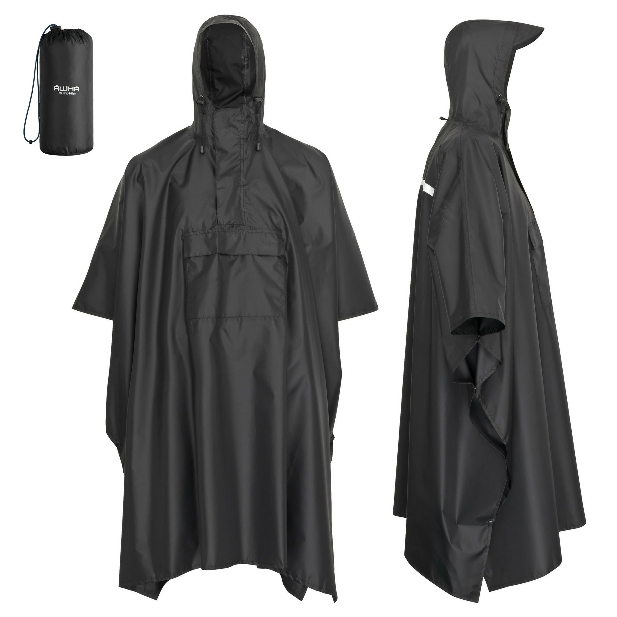 AWHA rain poncho black/unisex, size L/XL - the extra-long rain protection with zipper and Chest pocket