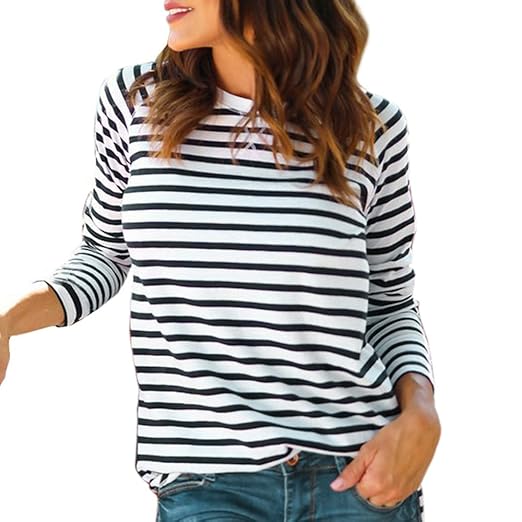 DEELIN Bluse Damen Langarmshirt beiläufige O-Ansatz-Streifen-Druck-Lange Hülsen-Blusen übersteigt T-Shirt