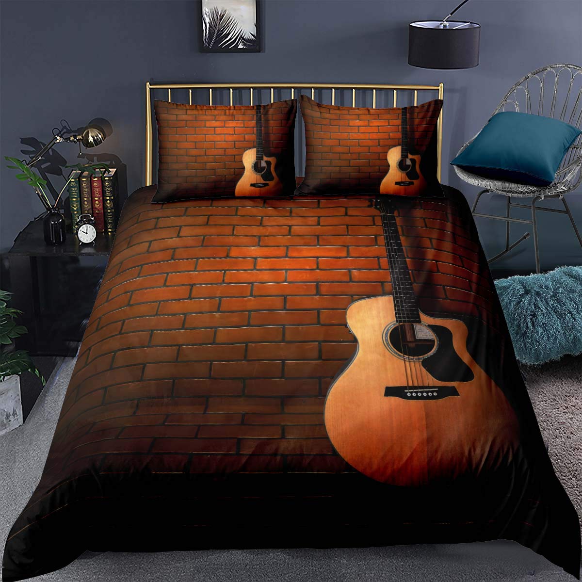 Youth Bedding Set Guitar Printed Bedding for Boys Teen Girls Kids, Rock Music Decor Comforter Cover, Retro Musical Instruments Art Duvet Cover Single Antique Style Soft Bedspread Cover