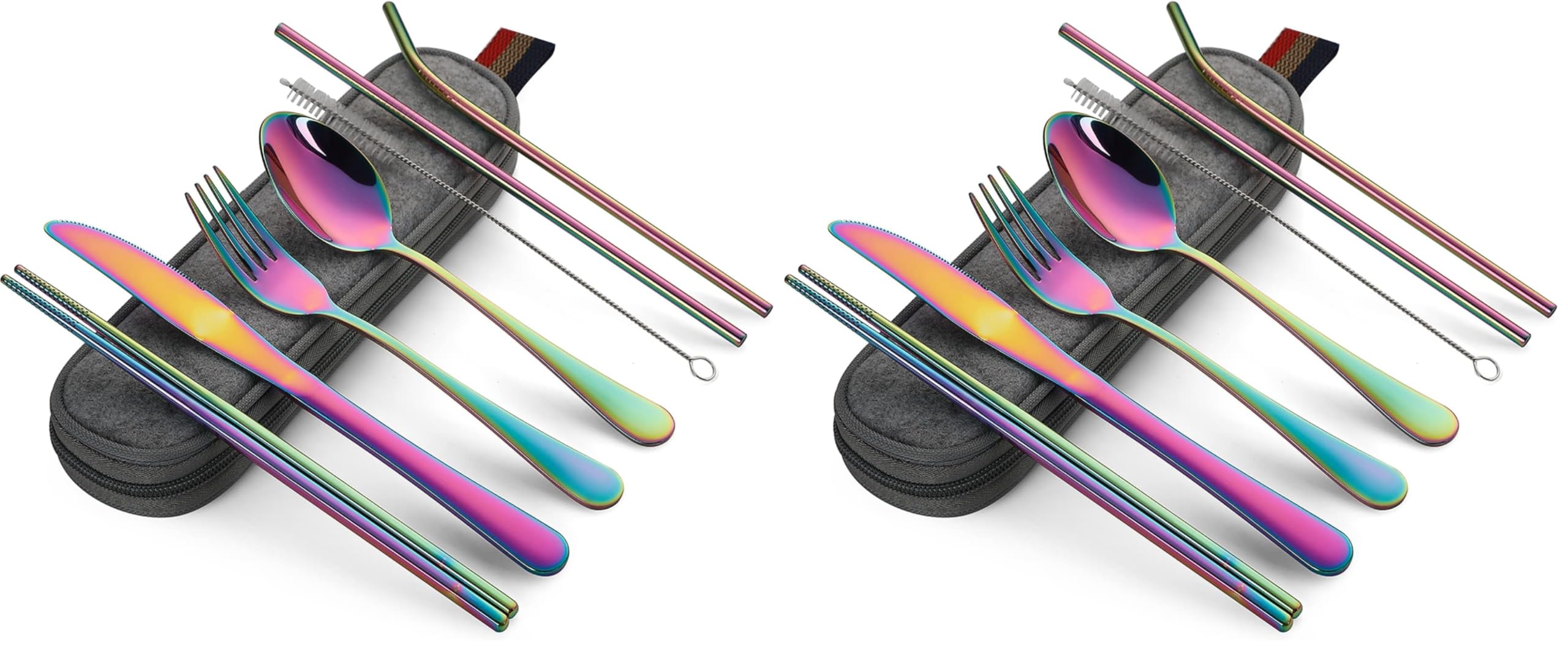 DEVICO Portable Utensils, Travel Camping Cutlery Set, 8-Piece including Knife Fork Spoon Chopsticks Cleaning Brush Straws Portable Case, Stainless Steel Flatware set (Rainbow) (Pack of 2) Image
