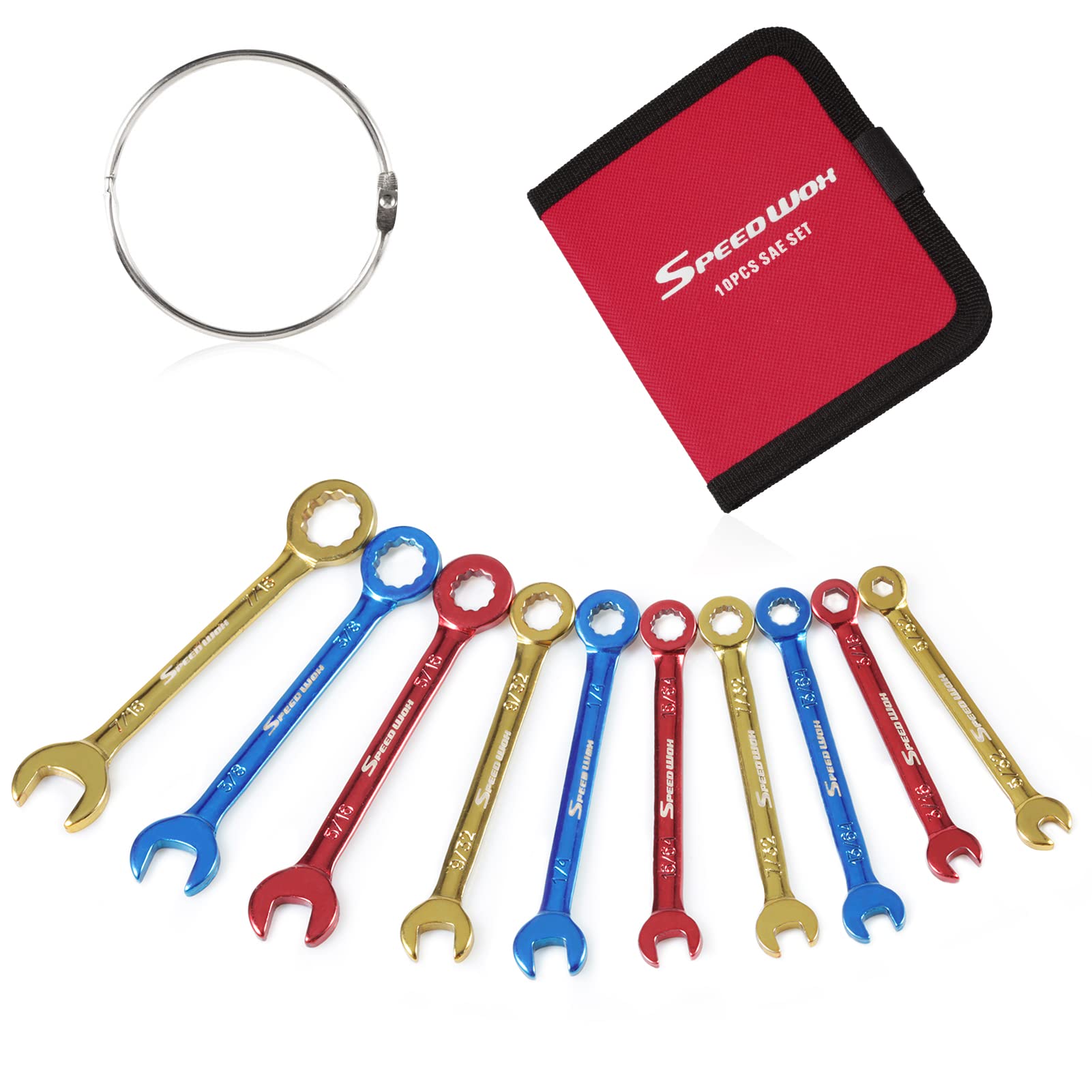 SPEEDWOX 10 Pcs Color Plated Open and Box End Mini Wrenches Color Coated Midget Wrench Set Mini Combination Wrench Set SAE with Portable Pouch and Large Ring（5/32-7/16"）